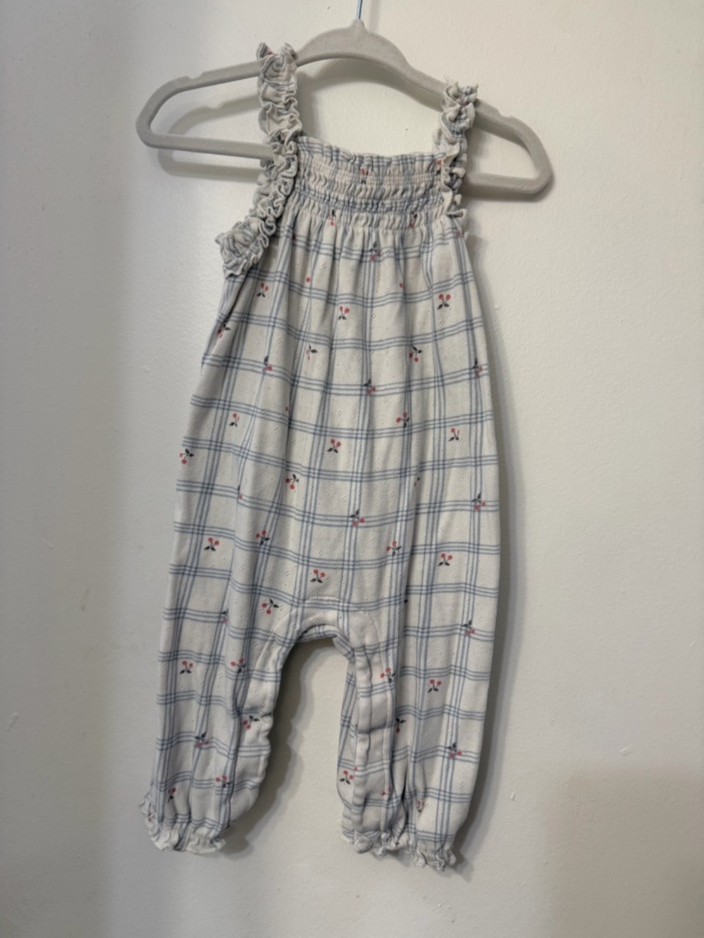 Gerber White Plaid Ruffle Strap Romper with Pink Accents